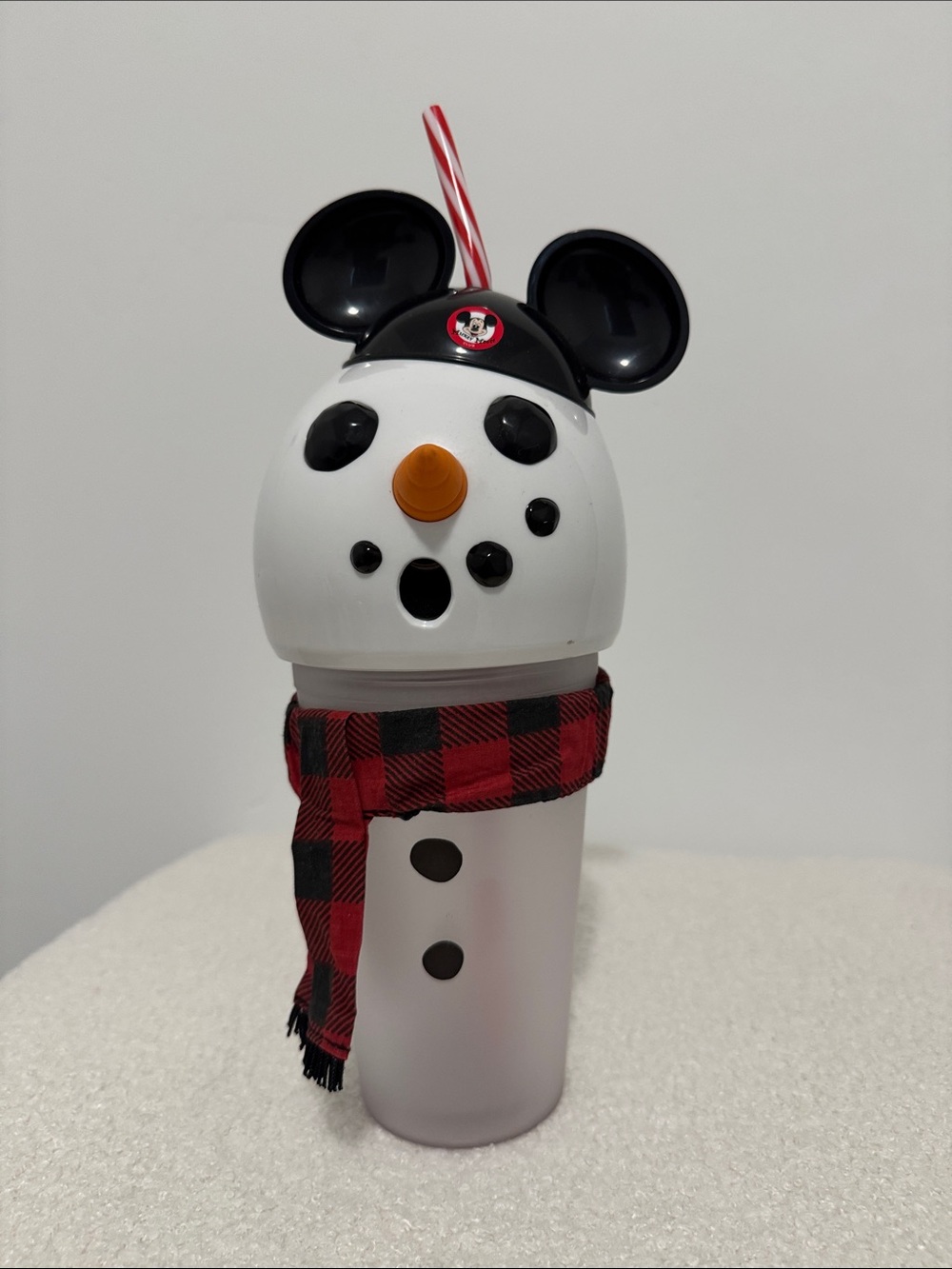 Disney White Snowman Travel Cup with Black Mickey Ears and Red Plaid Scarf